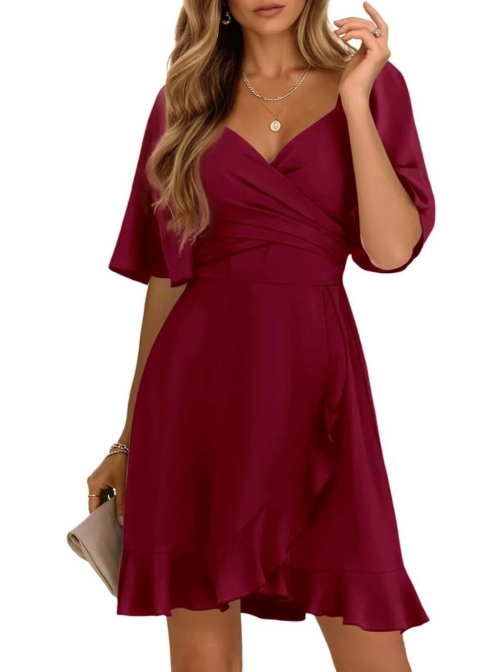 Women's Wrap V Neck Short Flared Sleeve Wedding Guest Dress Smocked Elastic Wais